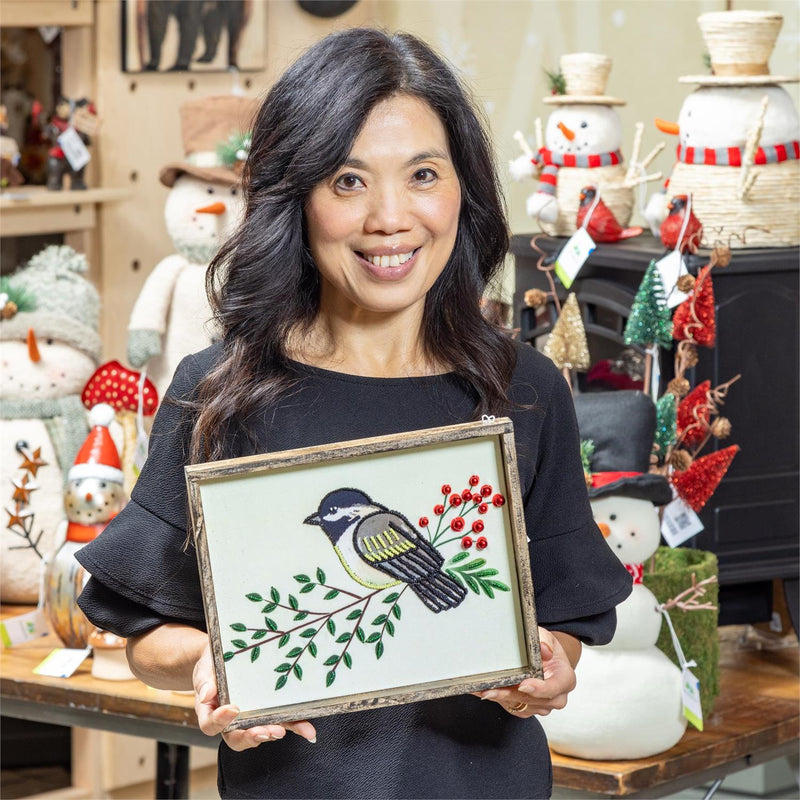 Woodland Storybook Wall Decor, Wood & Textile, Beaded Chickadee, 11" L x 9" H