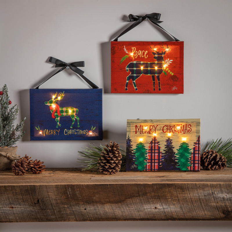 8" H x 6" L Mini LED Canvas,Plaid Deer and Trees