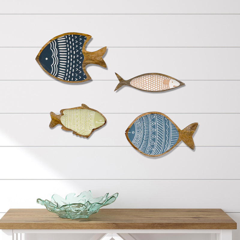 Wood & Enamel Fish Wall Decor, Set of 4