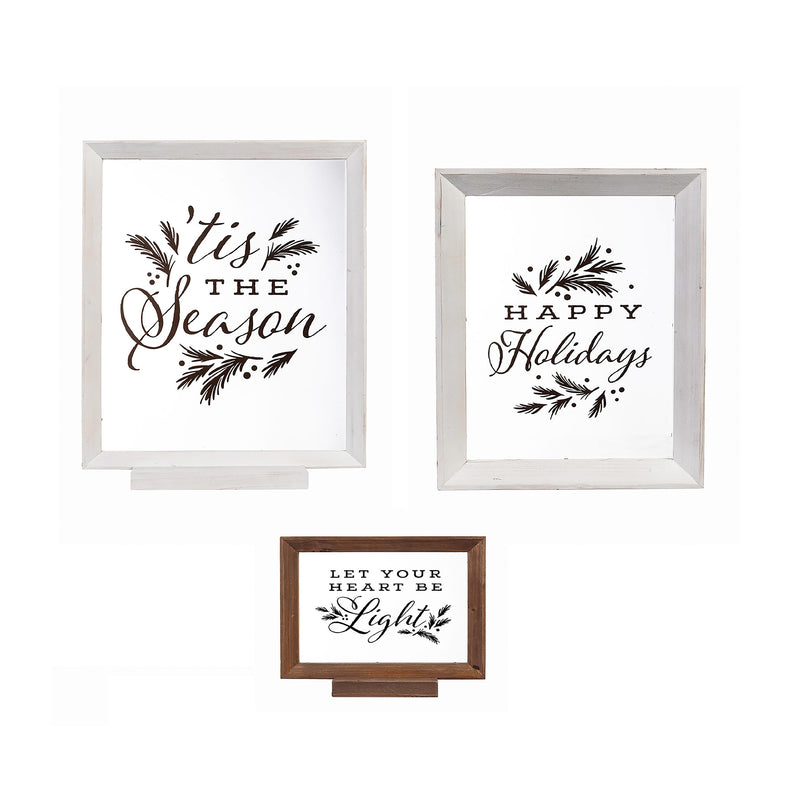 Wood Framed Decor, Set of 3 "Happy Holidays" "Let Your Heart Be Light" "Tis the Season"