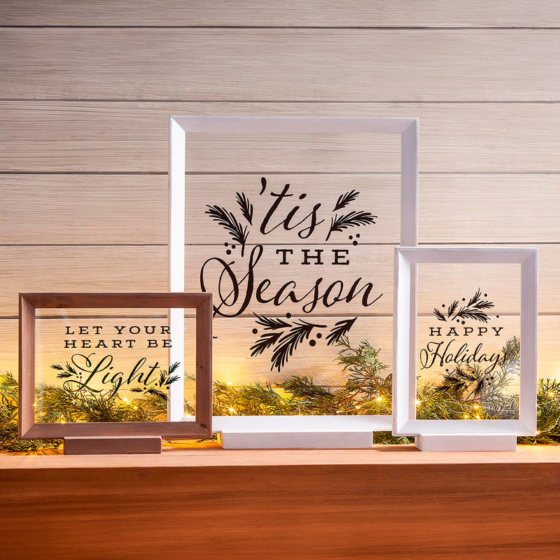 Wood Framed Decor, Set of 3 "Happy Holidays" "Let Your Heart Be Light" "Tis the Season"