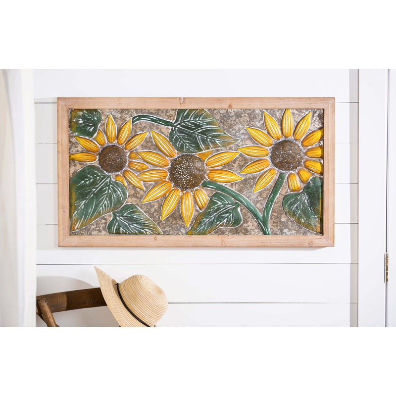 Petal & Plow Indoor Wall Decor, Metal with a Wooden Frame, Embossed Sunflower