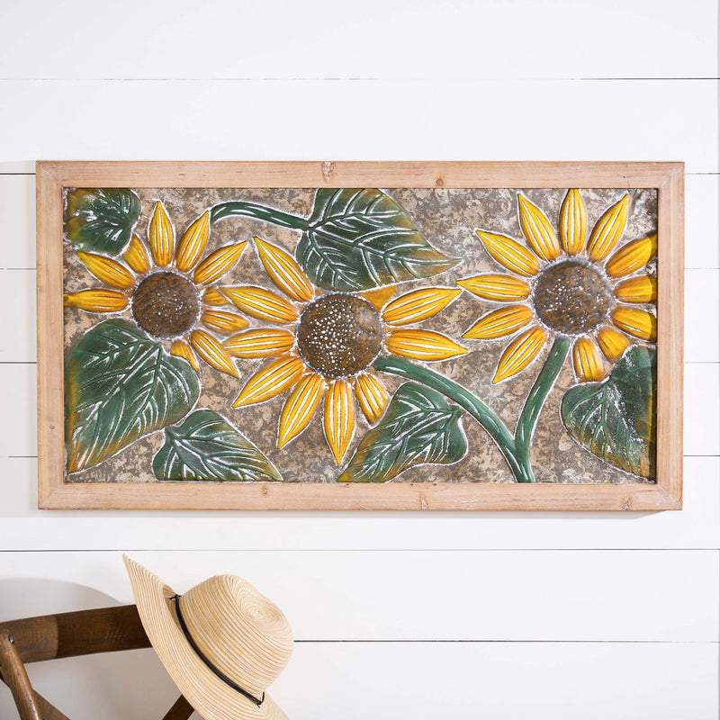 Petal & Plow Indoor Wall Decor, Metal with a Wooden Frame, Embossed Sunflower