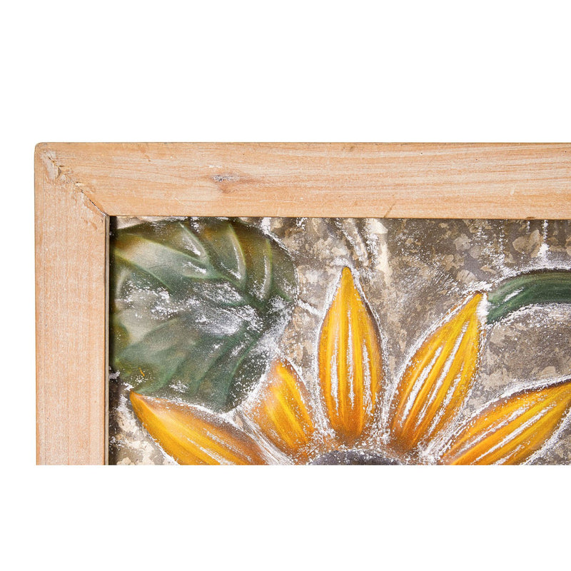 Petal & Plow Indoor Wall Decor, Metal with a Wooden Frame, Embossed Sunflower