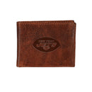 New York Jets, Embossed 100% Genuine Tumbled Leather Passcase Bi-Fold Wallet, Brown