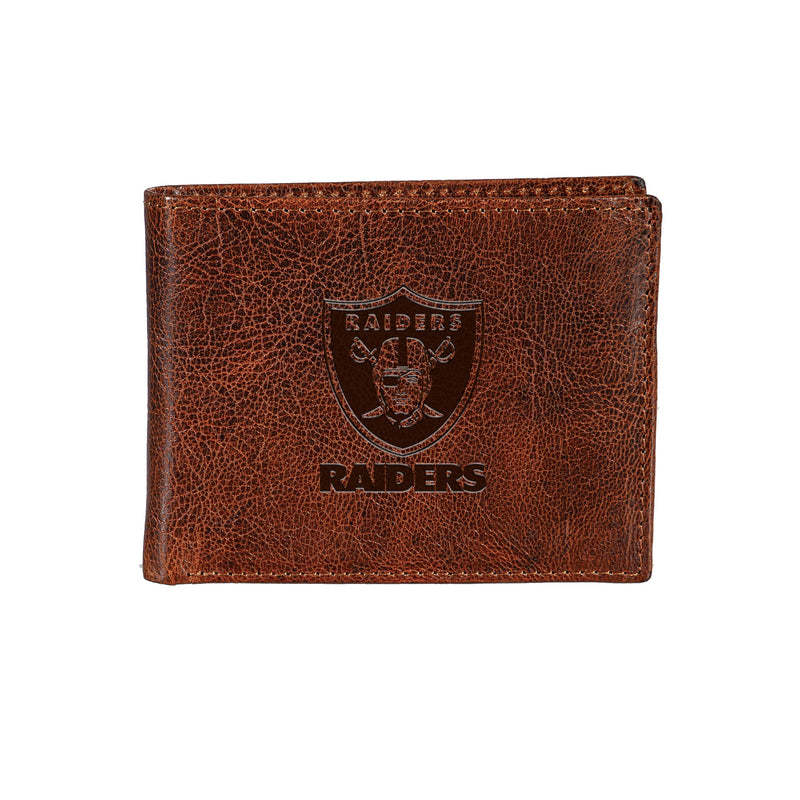 Las Vegas Raiders, Embossed 100% Genuine Tumbled Leather Passcase Bi-Fold Wallet, Brown