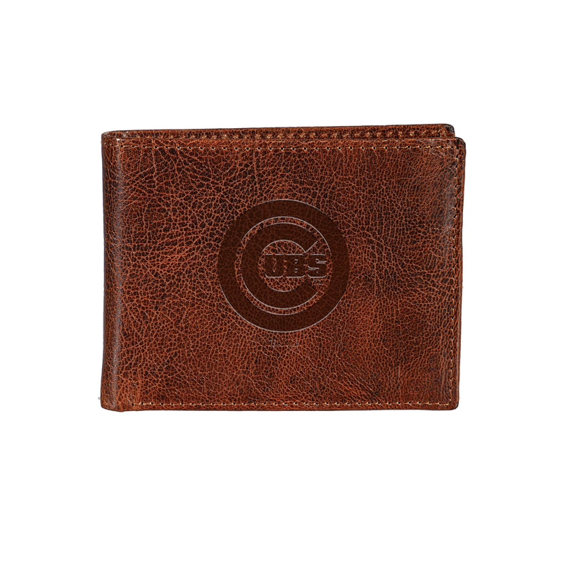 Chicago Cubs, Embossed 100% Genuine Tumbled Leather Passcase Bi-Fold Wallet, Brown