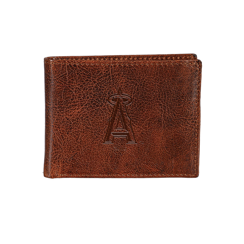 Los Angeles Angels, Embossed 100% Genuine Tumbled Leather Passcase Bi-Fold Wallet, Brown