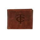 Minnesota Twins, Embossed 100% Genuine Tumbled Leather Passcase Bi-Fold Wallet, Brown