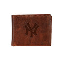 New York Yankees, Embossed 100% Genuine Tumbled Leather Passcase Bi-Fold Wallet, Brown