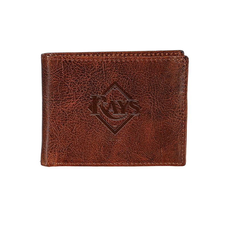 Tampa Bay Rays, Embossed 100% Genuine Tumbled Leather Passcase Bi-Fold Wallet, Brown