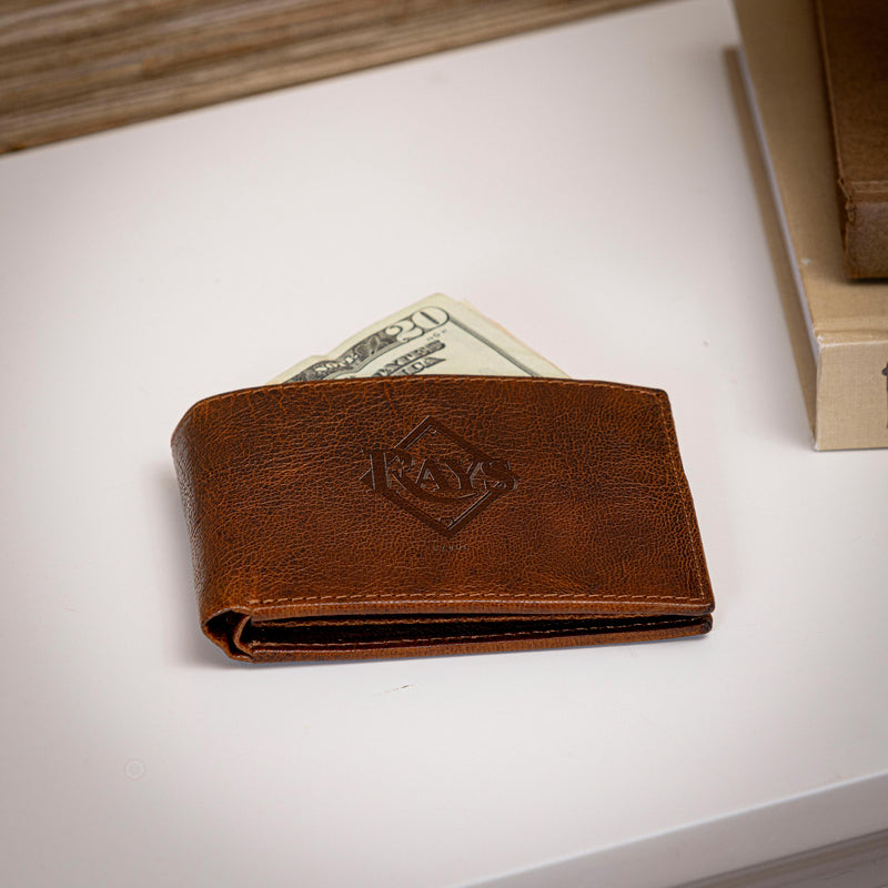 Tampa Bay Rays, Embossed 100% Genuine Tumbled Leather Passcase Bi-Fold Wallet, Brown