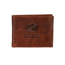 Columbus Blue Jackets, Embossed 100% Genuine Tumbled Leather Passcase Bi-Fold Wallet, Brown
