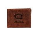 Montreal Canadiens, Embossed 100% Genuine Tumbled Leather Passcase Bi-Fold Wallet, Brown
