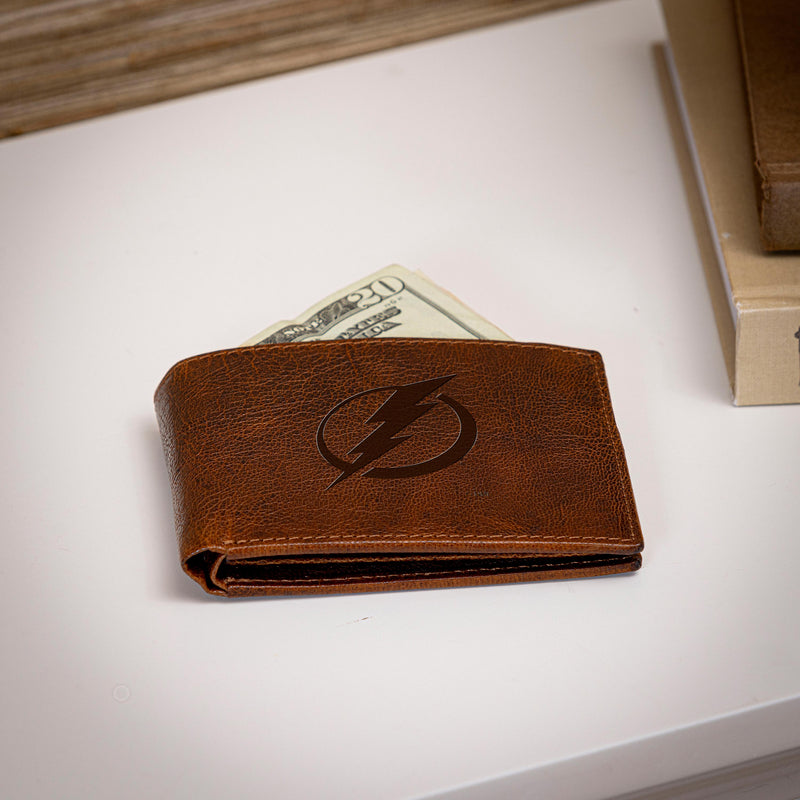 Tampa Bay Lightning, Embossed 100% Genuine Tumbled Leather Passcase Bi-Fold Wallet, Brown