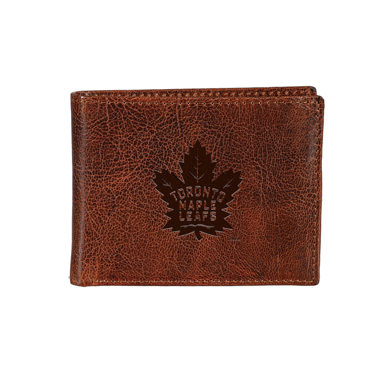 Toronto Maple Leafs, Embossed 100% Genuine Tumbled Leather Passcase Bi-Fold Wallet, Brown