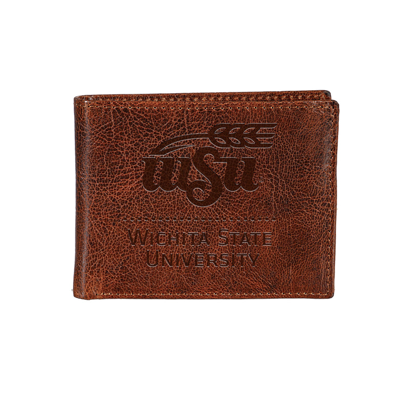 Wichita State University, Embossed 100% Genuine Tumbled Leather Passcase Bi-Fold Wallet, Brown