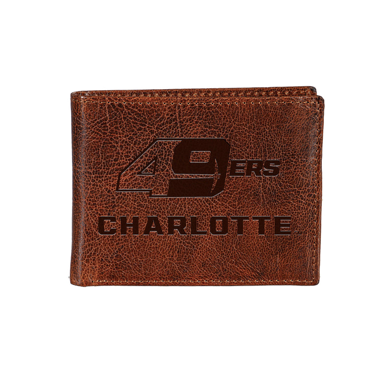 UNC Charlotte, Embossed 100% Genuine Tumbled Leather Passcase Wallet, Brown