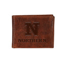 Northern State University, Embossed 100% Genuine Tumbled Leather Passcase Bi-Fold Wallet, Brown