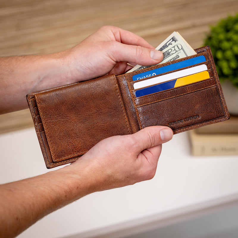 West Virginia University, Embossed 100% Genuine Tumbled Leather Passcase Bi-Fold Wallet, Brown