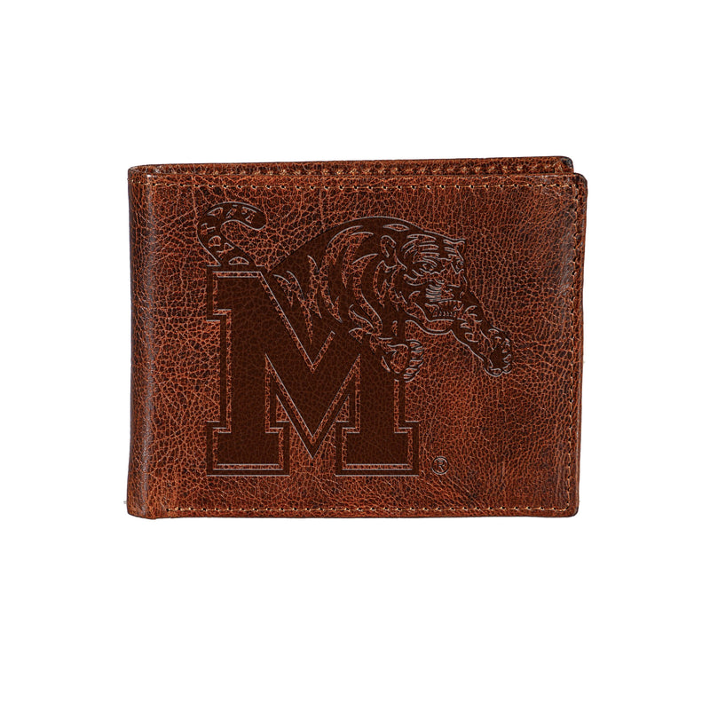 University of Memphis, Embossed 100% Genuine Tumbled Leather Passcase Bi-Fold Wallet, Brown