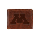 University of Minnesota, Embossed 100% Genuine Tumbled Leather Passcase Bi-Fold Wallet, Brown