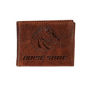 Boise State University, Embossed 100% Genuine Tumbled Leather Passcase Bi-Fold Wallet, Brown
