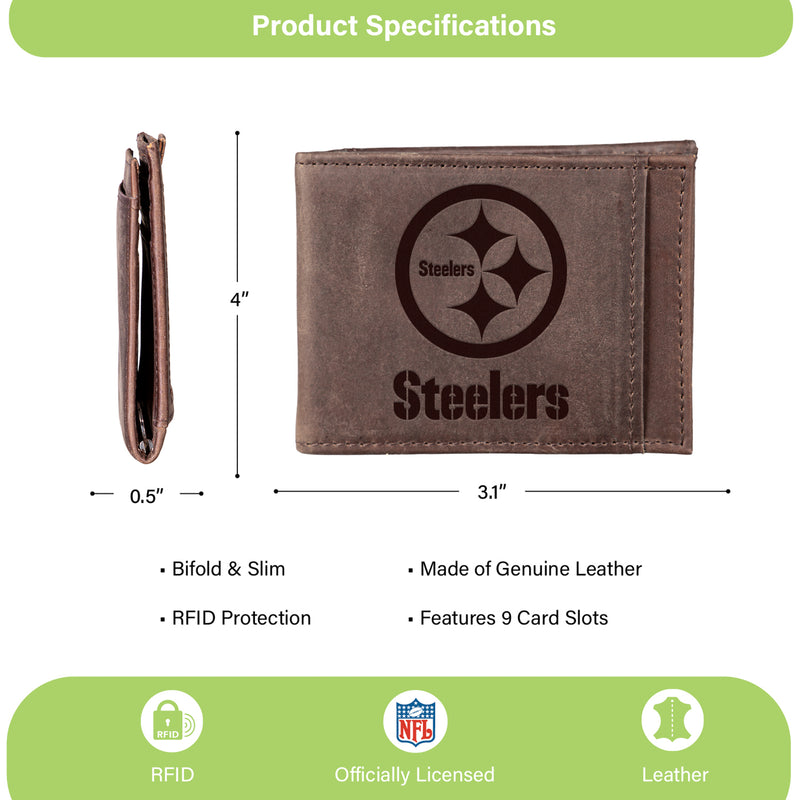 Front Pocket Wallet w/ RFID Blocking, Pittsburgh Steelers, Brown