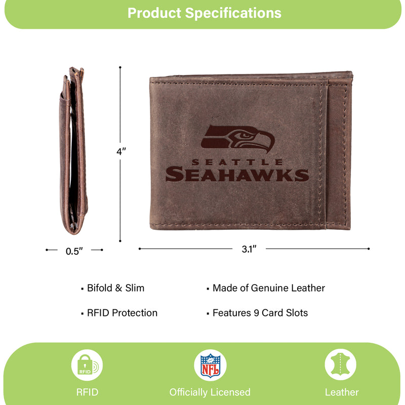 Front Pocket Wallet w/ RFID Blocking, Seattle Seahawks, Brown