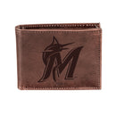 Miami Marlins Bi-Fold Wallet Brown 100% Genuine Leather