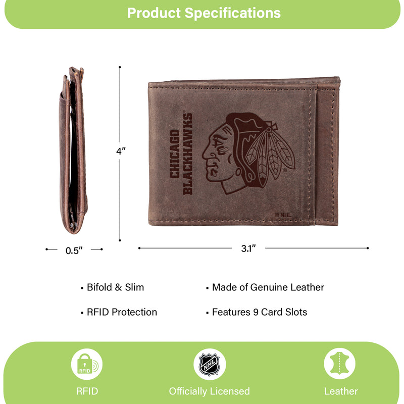 Front Pocket Wallet w/ RFID Blocking, Chicago Blackhawks, Brown