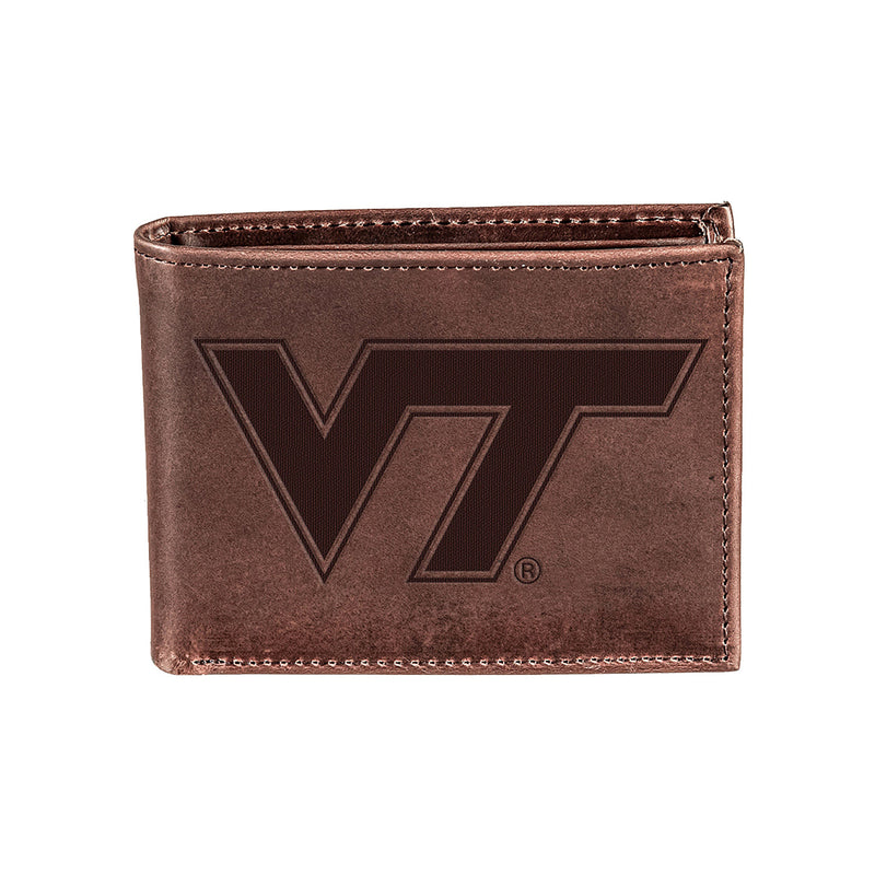 Virginia Tech, Bi-Fold Wallet, Brown, CH, 100% Genuine Leather