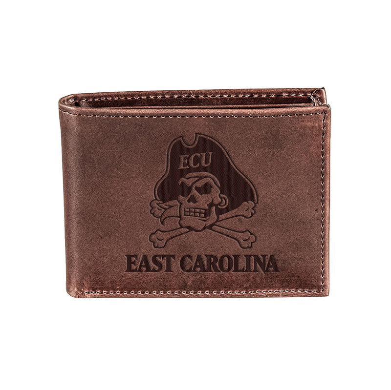 East Carolina University, Bi-Fold Wallet, Brown, CH, 100% Genuine Leather