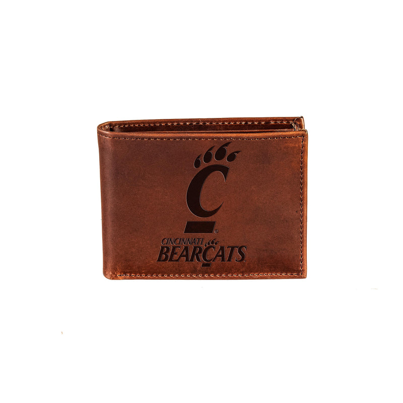 University of Cincinnati, Bi-Fold Wallet, Brown, CH, 100% Genuine Leather