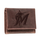 Miami Marlins Tri-Fold Wallet Brown 100% Genuine Leather