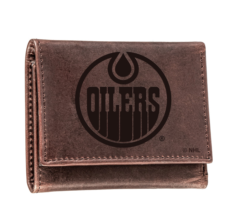 Edmonton Oilers, Tri-Fold Wallet, Brown, CH, 100% Genuine Leather