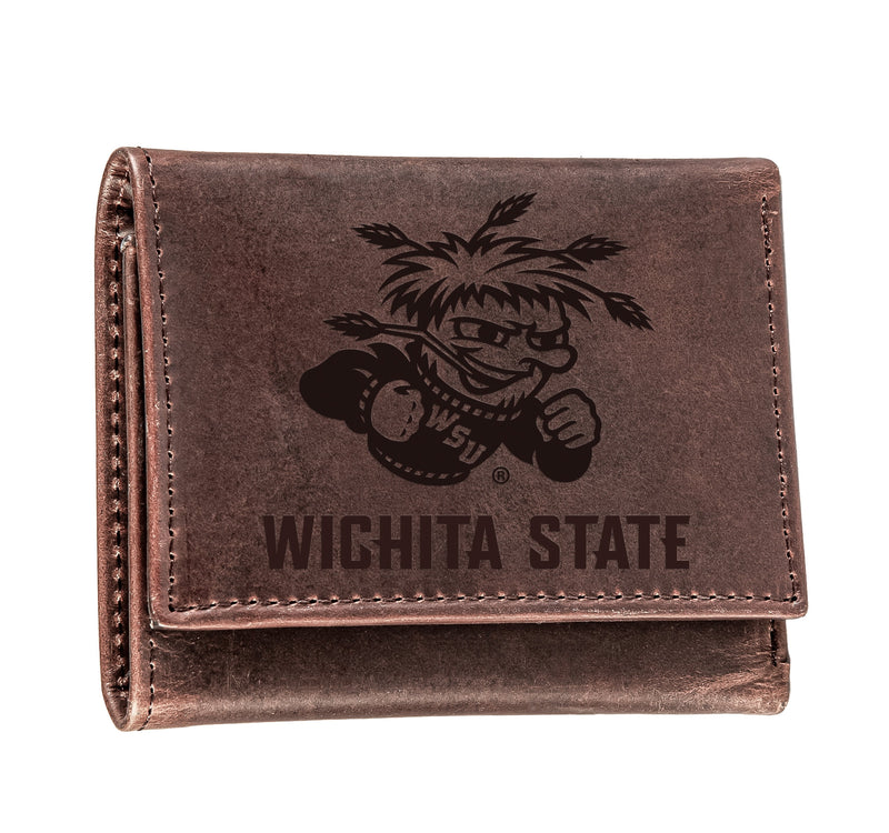 Wichita State University, Tri-Fold Wallet, Brown, CH, 100% Genuine Leather