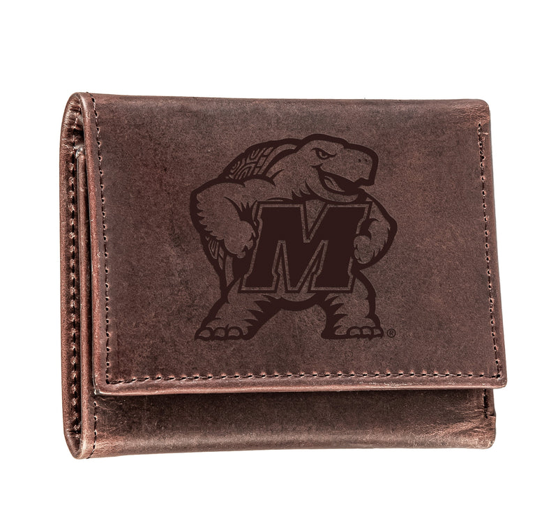 University of Maryland, Tri-Fold Wallet, Brown, CH, 100% Genuine Leather