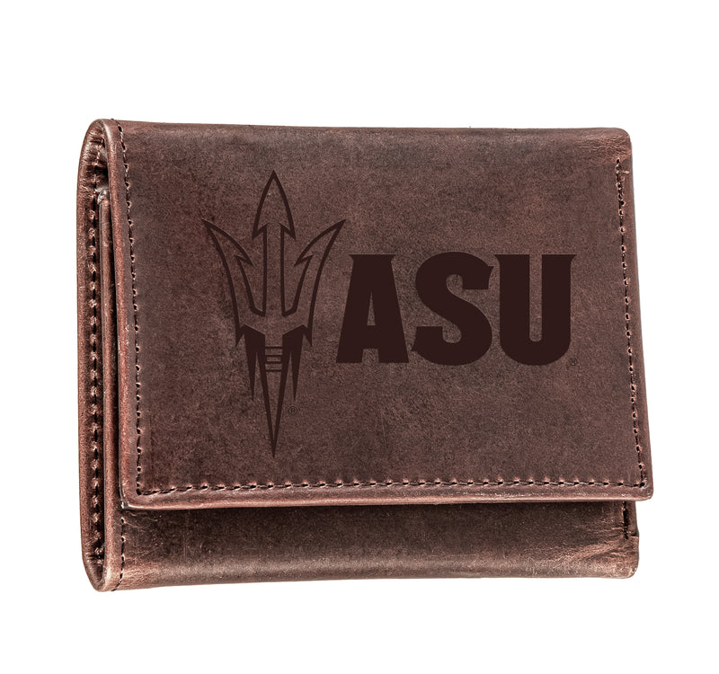 Arizona State University, Tri-Fold Wallet, Brown, CH, 100% Genuine Leather