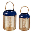 Metal Blue and Gold Lantern with Handle Set of 2