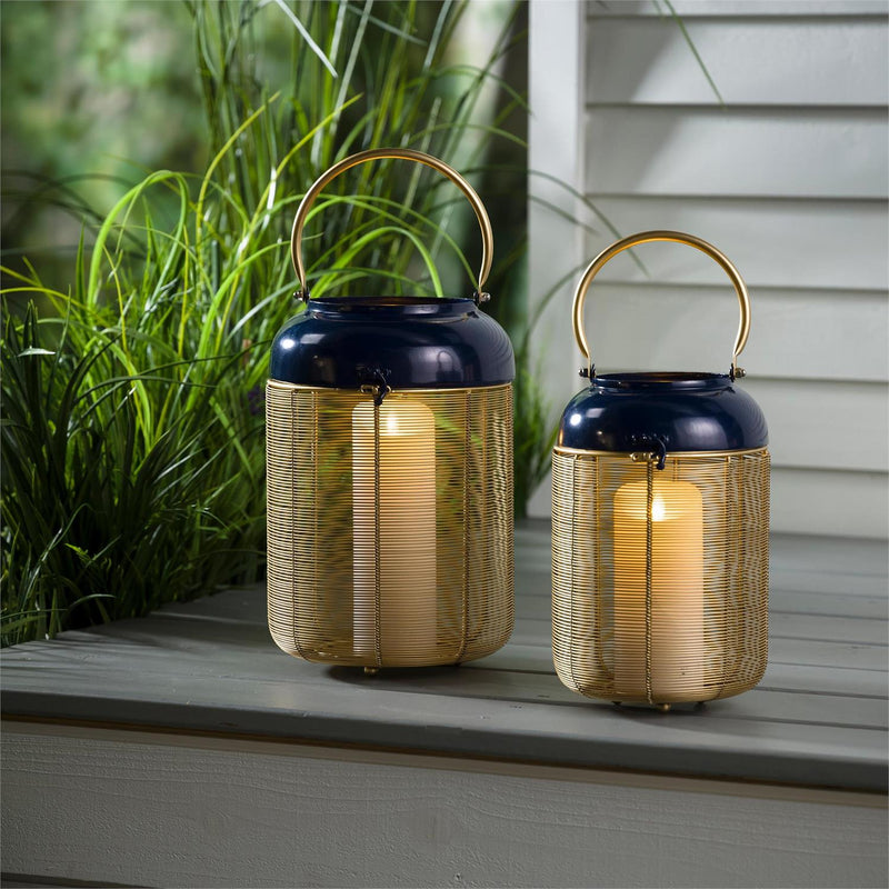 Metal Blue and Gold Lantern with Handle Set of 2