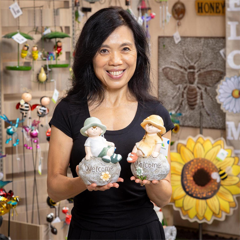 Garden Kids Sitting On Welcoming Rock Statue, 7"H