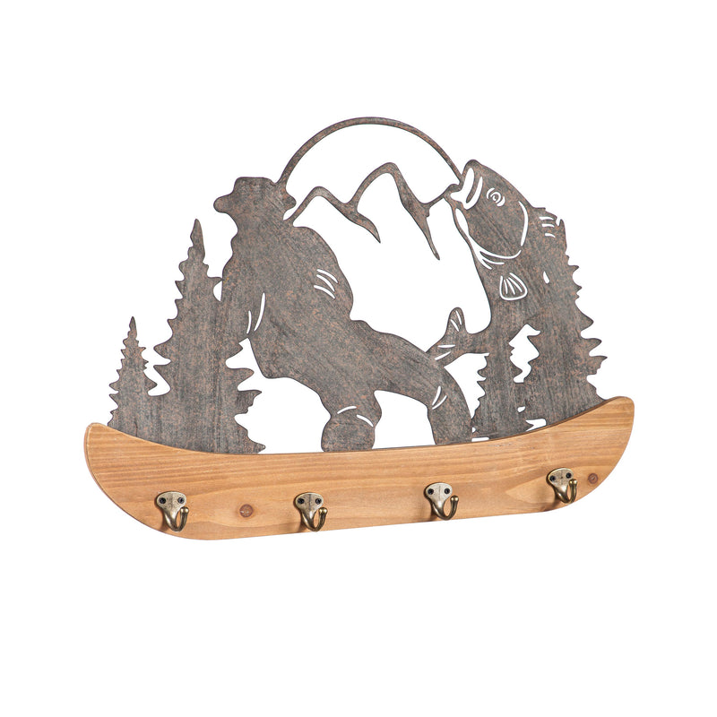 Metal and Wood Mountain Wall Decor with Hooks