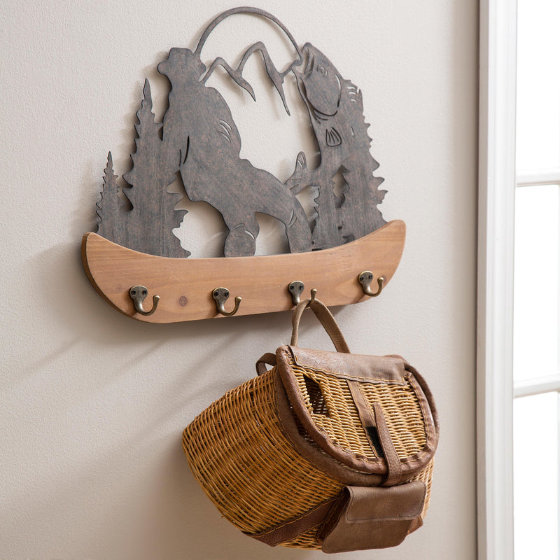 Metal and Wood Mountain Wall Decor with Hooks