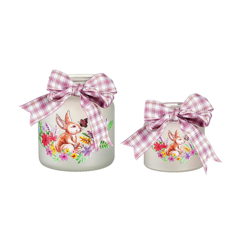 Glass LED Jar with Grassy Meadow and Bunny Scene, Set of 2