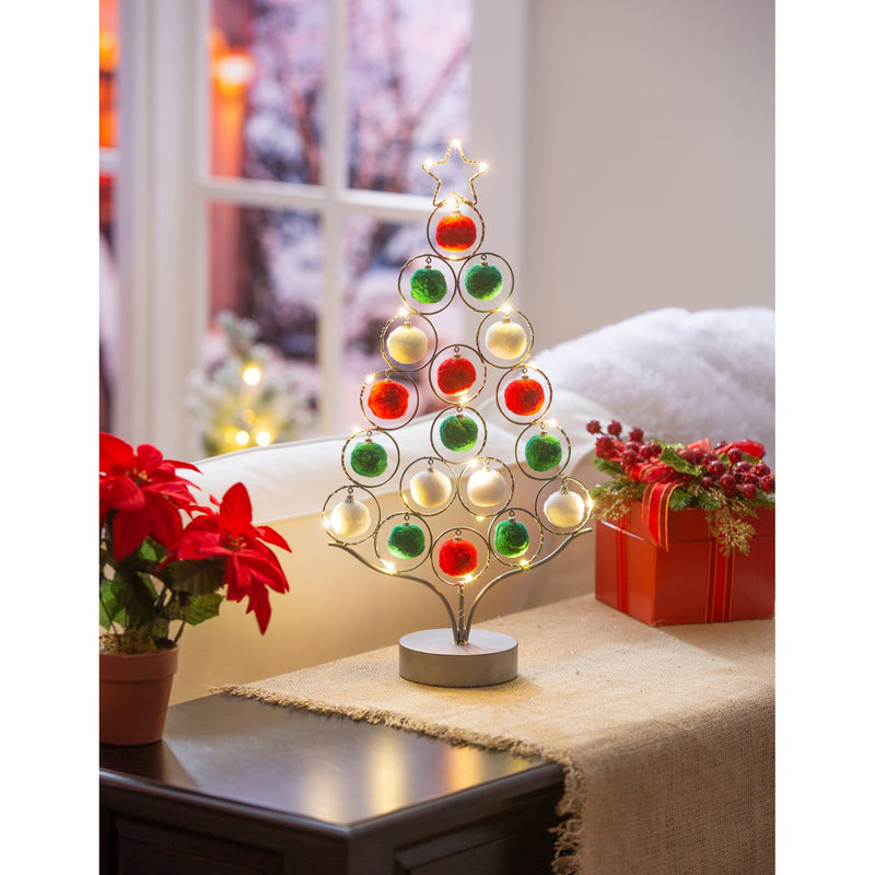 LED 16" Metal Tree with Pom Pom Ornaments Table Decor