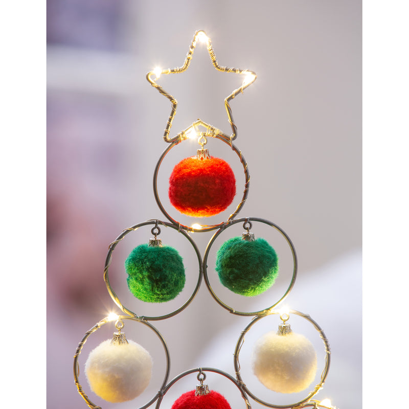 LED 16" Metal Tree with Pom Pom Ornaments Table Decor