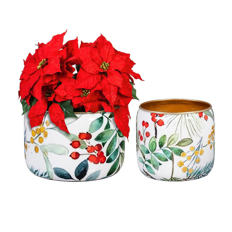 VivaStyle Planter, Metal Printed Planters, Festive Foliage, 8"H,  Set of 2