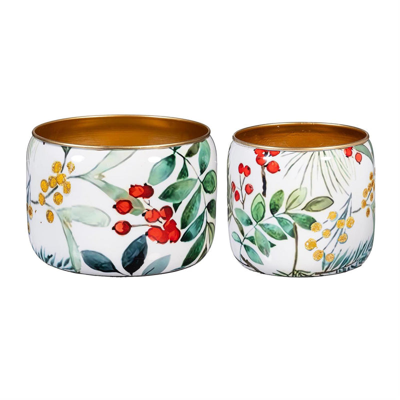 VivaStyle Planter, Metal Printed Planters, Festive Foliage, 8"H,  Set of 2