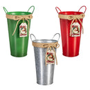 Traditional Santa Planter, Metal Planter, Christmas Bucket with Tag, 9" H, Asst of 3